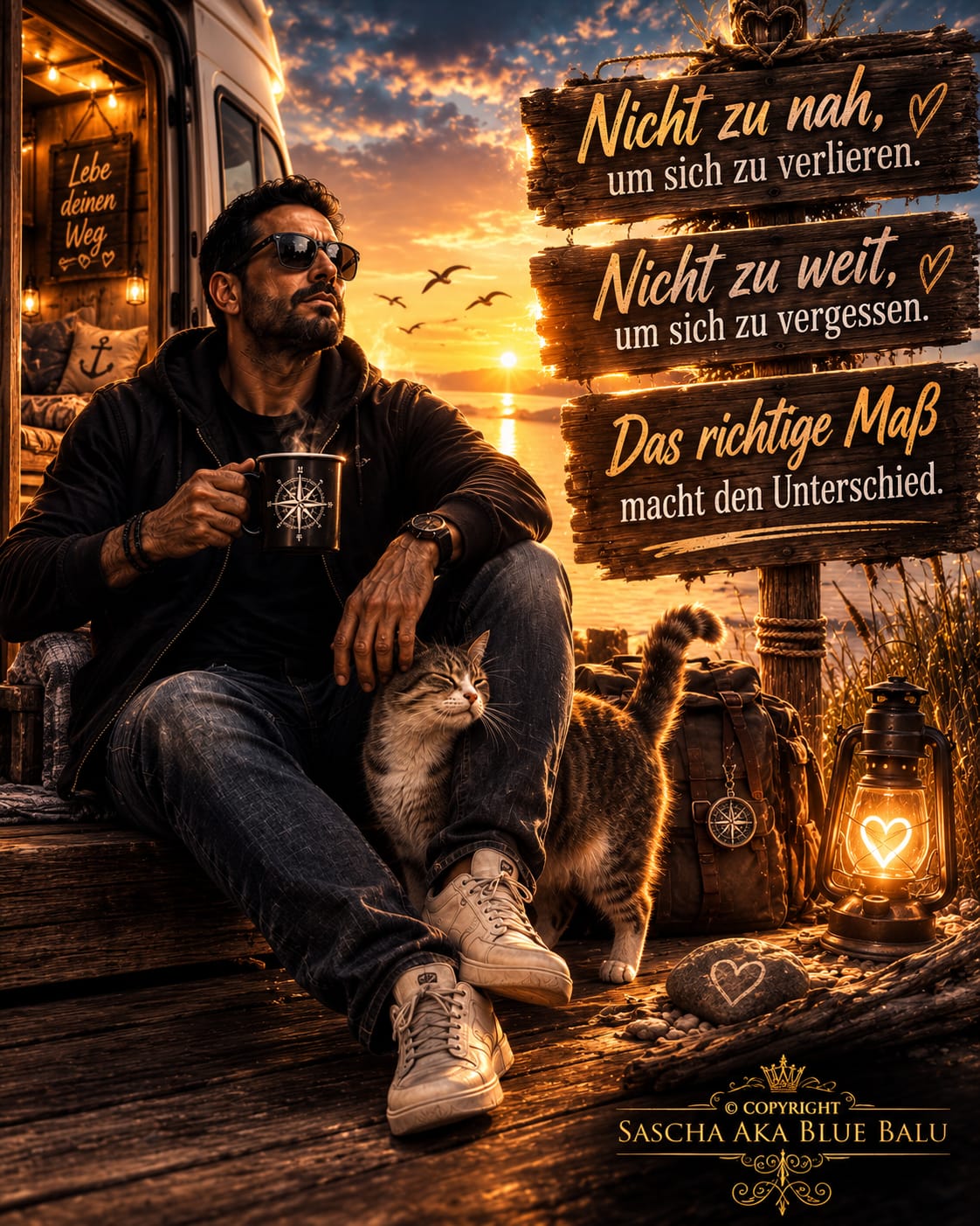 Blue Balu mit Katze am Wasser und Wegweisern über Nähe, Abstand und das richtige Maß