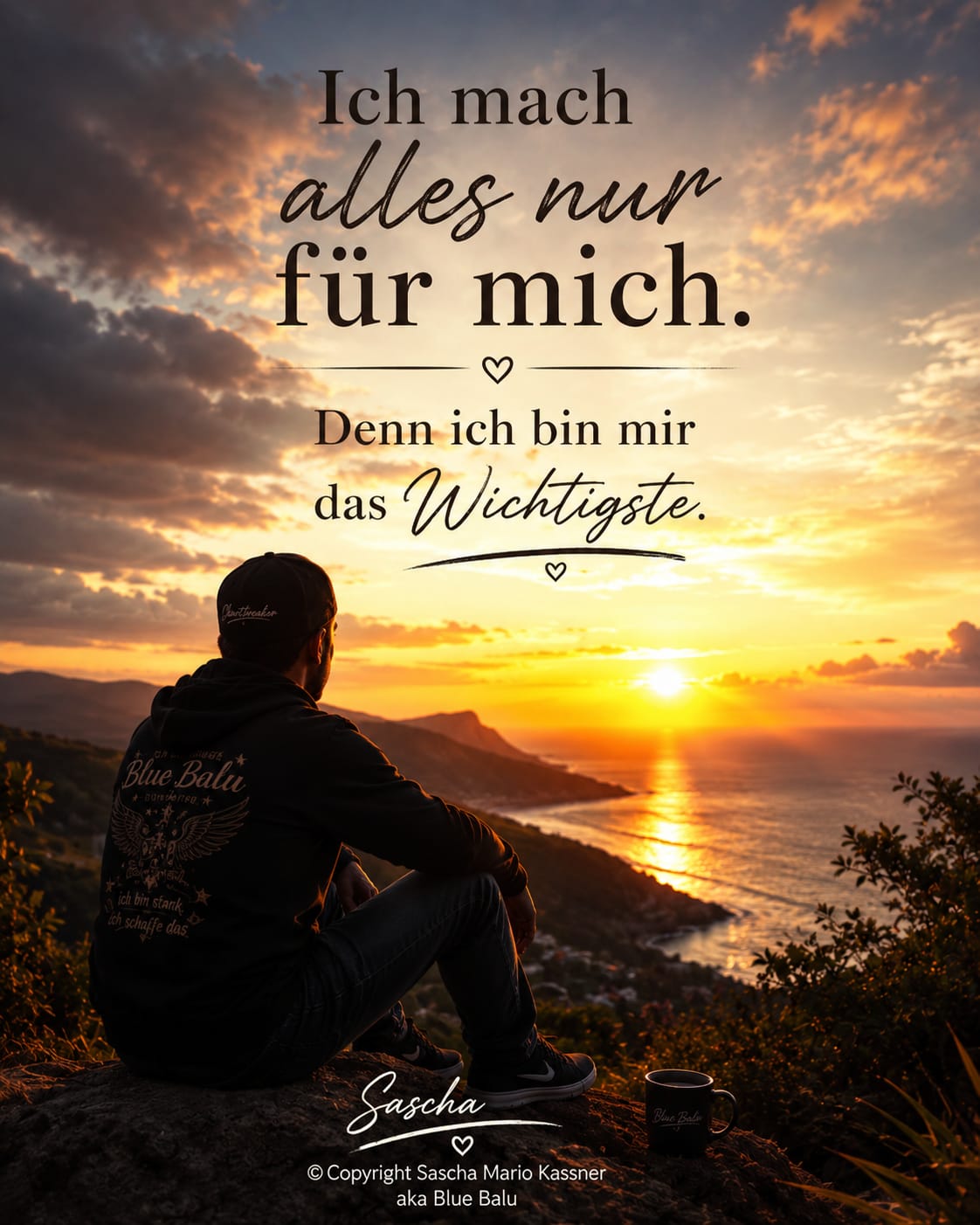Ich mach alles nur für mich – Blue Balu blickt auf einen Sonnenuntergang am Meer