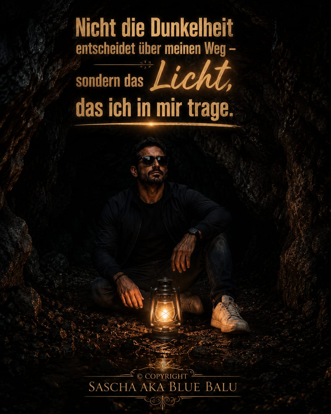 Blue Balu mit einer leuchtenden Laterne in einer dunklen Höhle