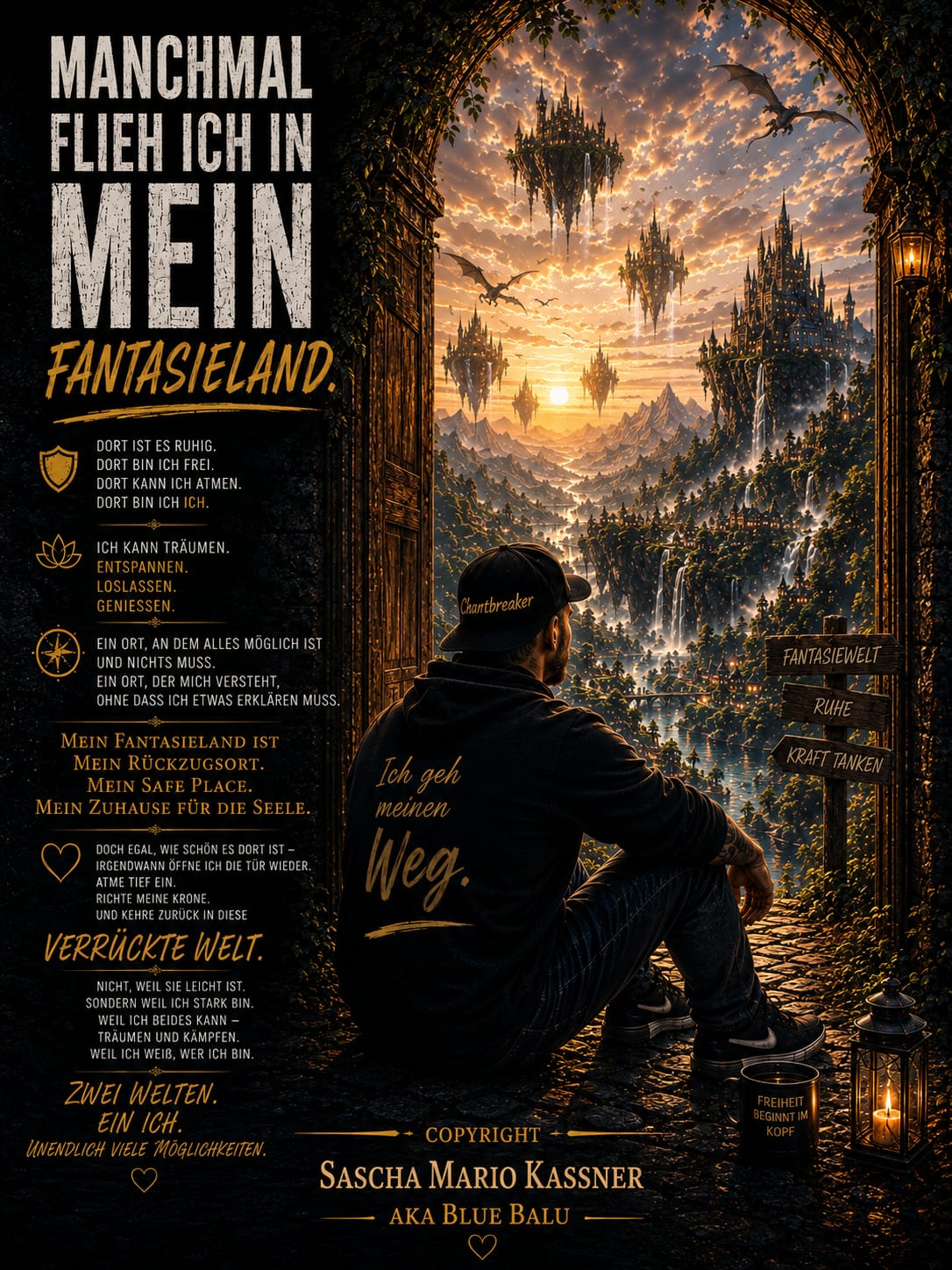 Mein Fantasieland – Blue Balu blickt durch ein Tor in eine fantastische Welt