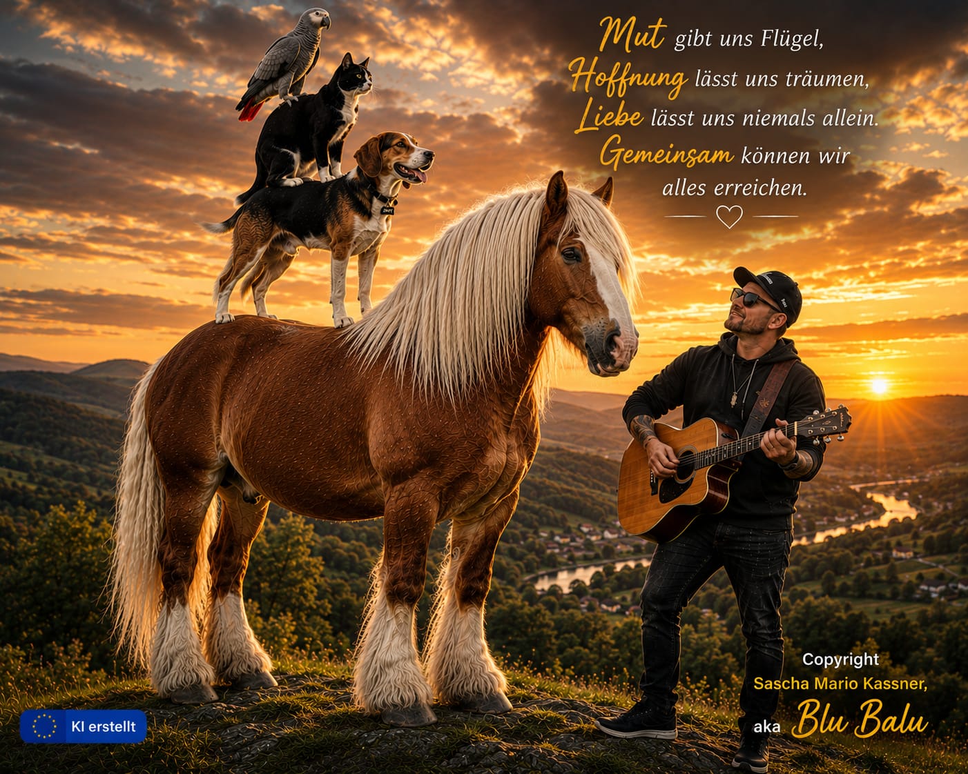 Blue Balu mit Gitarre sowie Pferd, Hund, Katze und Papagei im Sonnenuntergang