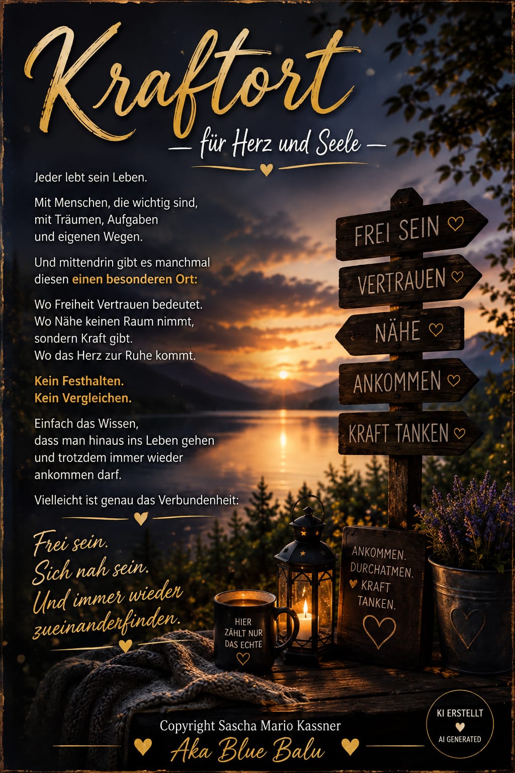 Gedichtbild Kraftort für Herz und Seele mit Sonnenuntergang und Wegweisern